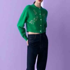 Very Beautiful Floral Buttoned Knit Cardigan from ZARA: Small: Bright Green