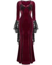 Punk Rave Daily Life Womens Long Gothic Velvet Applique Maxi Dress Red Black