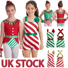 UK Girls Santa Elf Ballet Dance Gym Leotard Bodysuit Unitards Christmas Costume