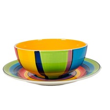 Whittard of Chelsea Bowl And Plate Set Hand Painted Multicoloured Stripes