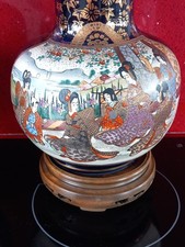 Antique Pair 35cm Japanese Satsuma Vases on Wooden Stands. Signed.Late Meiji 