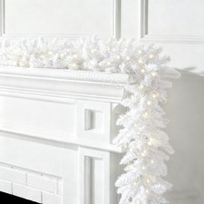 9FT White Christmas Garland With Lights Fireplace Artificial Wreath Decorations
