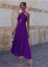 ZARA PLEATED MIDI Maxi Floaty Chiffon DRESS CUT-OUT PURPLE 10 12 Halter Neck VGC