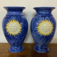 Pair of Matching Vases Handpainted Blue with Sun Sunshine Motif Large 11.5” Tall