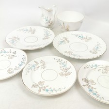 Vintage Melamine Blue & Gold Floral Gilded Tea Set - 7 Piece Mixed Saucers & Jug