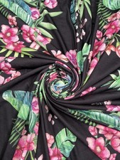 Black Viscose Jersey Fabric Tropical Floral Print - Soft  Dress Wear 155cm
