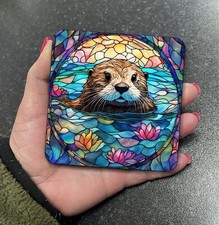 Cute Wild Sea Otter Stained Glass Effect Square Coaster Tea Coffee Gift Set D22