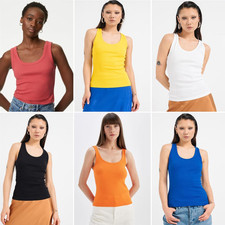 EX M&S Womens Sleeveless Scoop Neck Top Ladies Cotton Rich Ribbed Slim Fit Vest