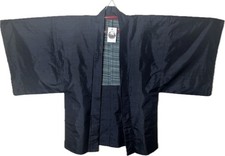 Japanese Men’s Premium Navy Silk Haori with Green Cross Pattern, Handmade