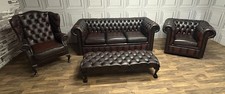 Chesterfield suite 3 seater Queen Ann & club chairs + massive stool in ox blood 