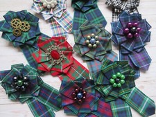 Tartan Plaid Ruffle Rosette Ribbon Scottish Brooch Corsage Pin Wedding Ceilidh