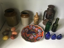 joblot of collectables -glass medicine bottles, old paraffin lamp etc
