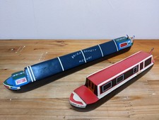 Pair Of Vintage Canal Boat Models Wooden Narrow Boats Folk Art Carved Ship