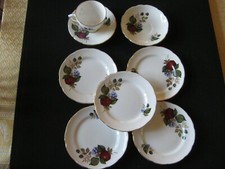 DELPHINE BONE CHINA CUP, 2 SAUCERS, & 5 SIDE PLATES