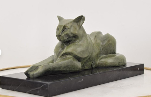 Cat bronze cougar statue - cat,