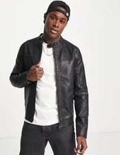 Jack & Jones Essentials Black Faux Leather Biker Jacket (Size S)