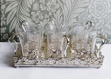 Vintage French DURALEX Set Of Six Glass Coffee Cups In Plated Holders With Tray