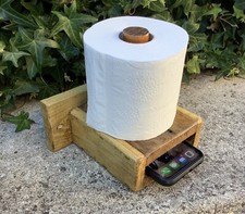 RUSTIC RECLAIMED WOODEN WALL MOUNTED TOILET ROLL HOLDER / MOBILE PHONE SLOT