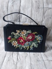 Vintage 1950's/ 60's  Black Floral Tapestry & Vinyl Kelly Handbag