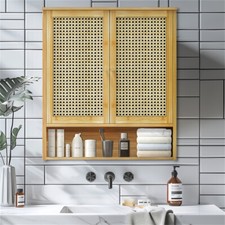 Wall Storage Cabinet Wood Bathroom Medicine Shelf with Rattan Door Ventilation