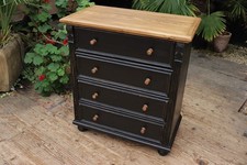 😍 Lovely! Old Antique Style Pine/Black Painted Chest Drawers/Bedside/Sideboard