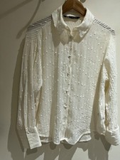 Zara Top Size S 10-12 Cream Sheer Sequin Bobbled Long Sleeve Blouse Party