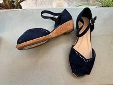 NEW WOMENS M&S INSOLIA UK 5 WIDE FIT NAVY NUBUCK LEATHER WEDGE SANDALS RRP £45