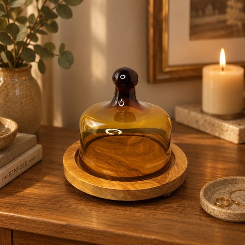 Amber glass cloche - olive, wood