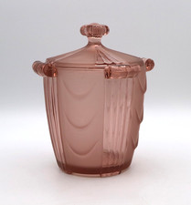 Vintage Art Deco Pink Pressed Glass Biscuit Jar Canister with Lid Czechoslovakia