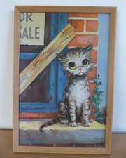 Vintage Big Eyes Sad Cat Pity Kitty Art Picture 12.5" x 8.5" 1960's