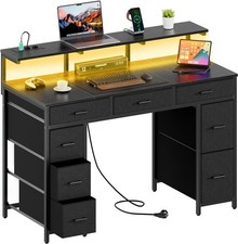120 cm Computer Desk with Drawers, Gaming Table with LED Lights & Power Outlets