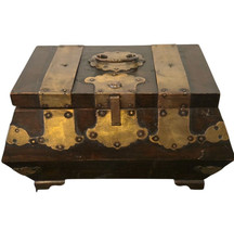 Antique Chinese Brass Bound Wooden Jewelry Box Script Lining Qing Dynasty Style