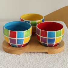 Whittard Of Chelsea Set of 3 Ceramic Dipping Bowls & Wooden Tray Dip Trio Boxed