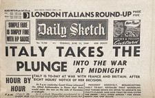 Vintage Newspaper Daily Sketch June 11th 1940 WWII War ITALY TAKES THE PLUNGE