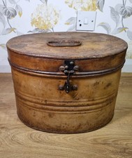 Vintage Metal Hat Box Painted Faux Oak Storage Rustic