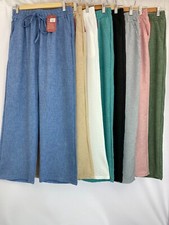 Womens Cotton Linen Look Wide Leg Bottoms Trousers Casual Elastic Waist Pants