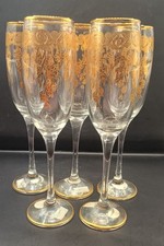 Italian Cristal 3A Champagne Flutes, Gold Grape,Leaf Pattern,Set Of 5