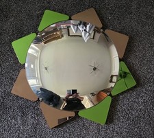 1930-50 CONVEX ART DECO PEACH/ GREEN GLASS BEVELLED VENETIAN ROUND PETAL MIRROR