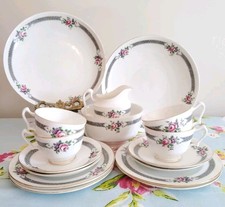 Antique Crown Staffordshire Pink Roses & Lilac Flowers Bone China Tea Set