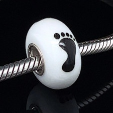 925 Sterling Silver White Murano Glass Charm Bracelet Bead with Black Footprints