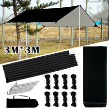 3x3m Tarpaulin Waterproof Camping Tarp Shelter Tent Awning With Poles Kit Black