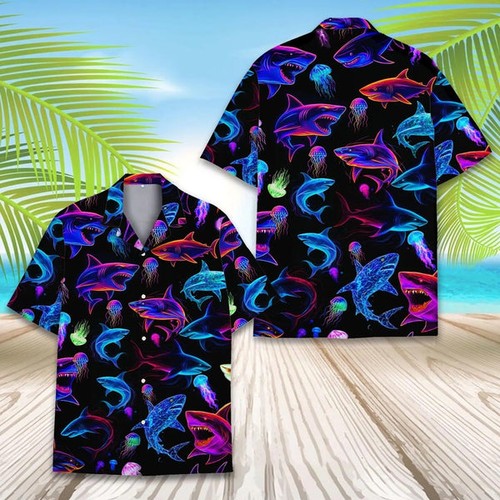 Neon shark hawaiian shirt - shark,