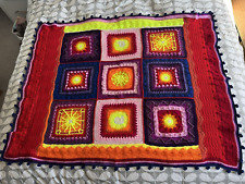 Handmade Crochet Squares bright Multicolour Blanket/Throw with pom pom edges New