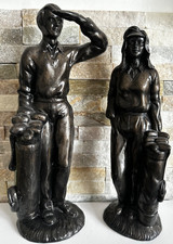 2 Vintage bronze effect Ceramic man and woman Golf Figurines Statues/ Golf Bag 