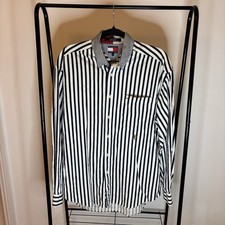 Vintage Tommy Hilfiger Long-Sleeve Shirt Navy & White Medium Embroidered Logo