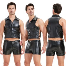 Men PU Leather Side Lace-up Button-down Tank Tops Vest Shorts Set Dance Clubwear