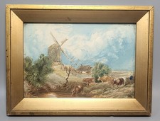 Watercolour Painting Pastoral Scene Windmill with Cattle in Foreground 22x16cm 