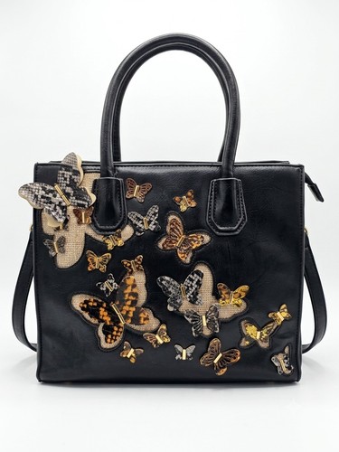 Black butterfly tote bag faux - bag:,