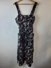 Topshop Women Size 12 Black Floral Linen Cotton Strap Summer Midi Dress Casual