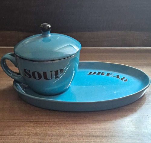 Blue ceramic covered soup - soup, dish